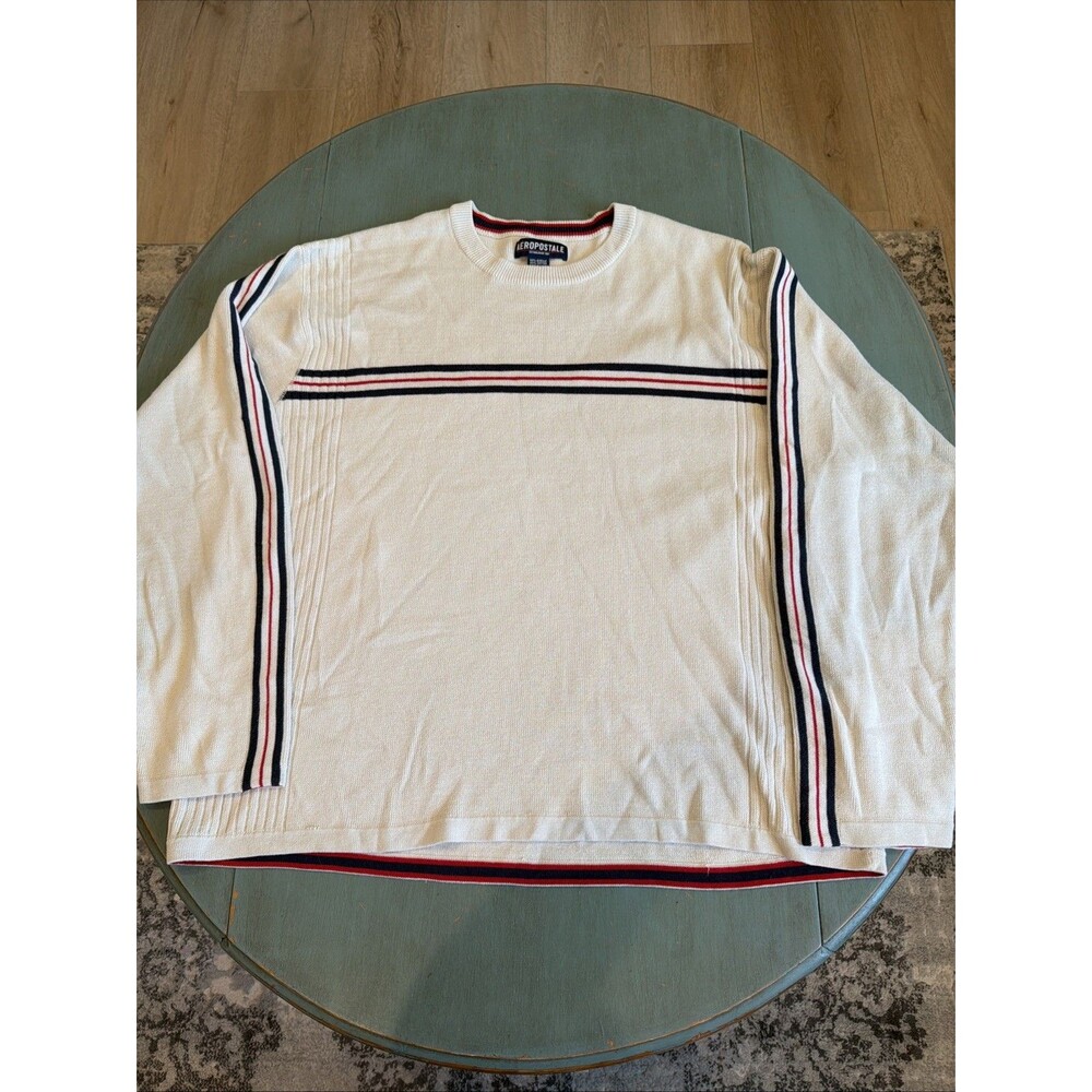 Aeropostale Y2K Striped Ribbed Knit Sweater Cream‎ Navy Red XL
